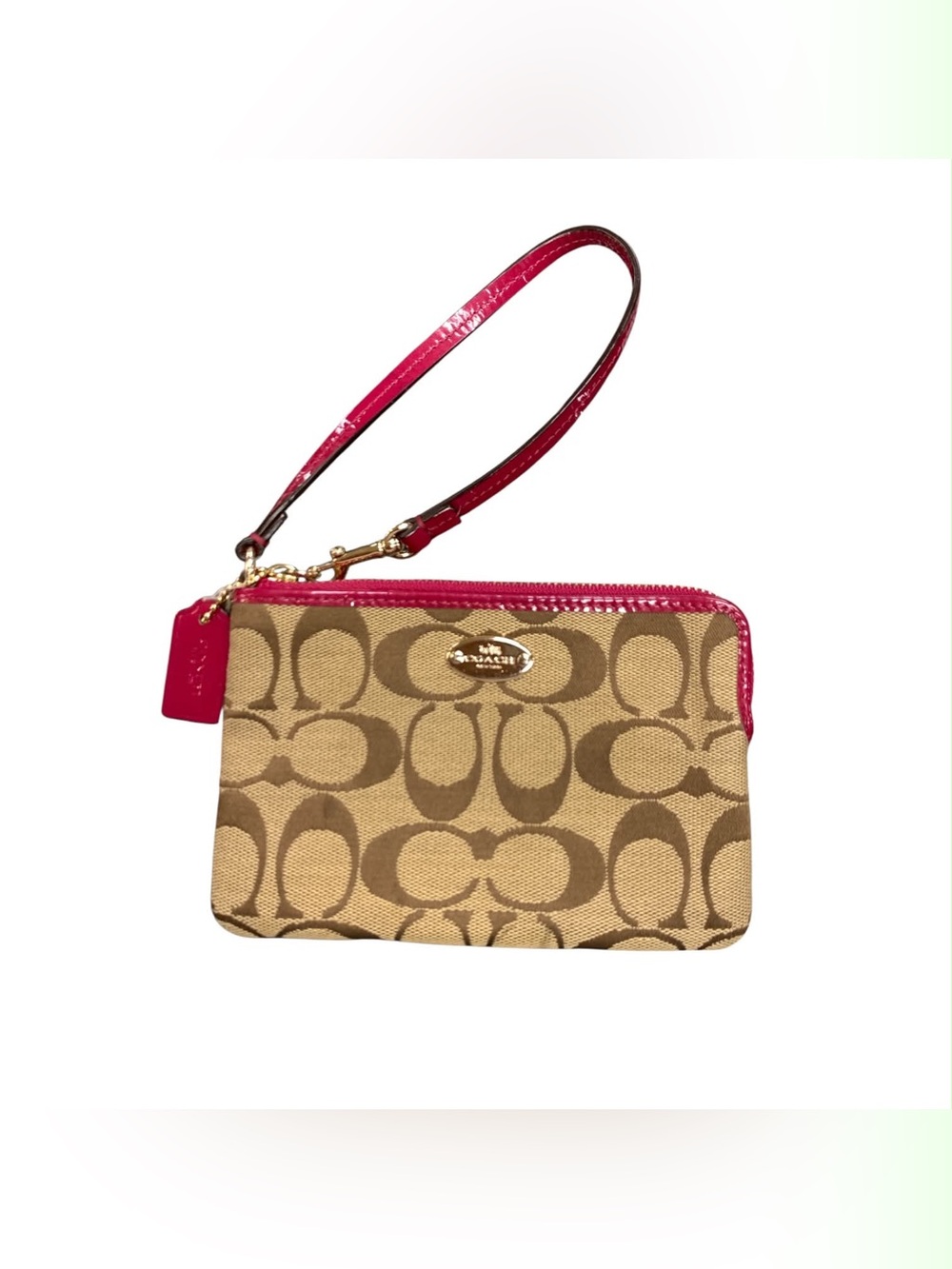 Coach Signature Canvas Wristlet in Tan with Pink Trim